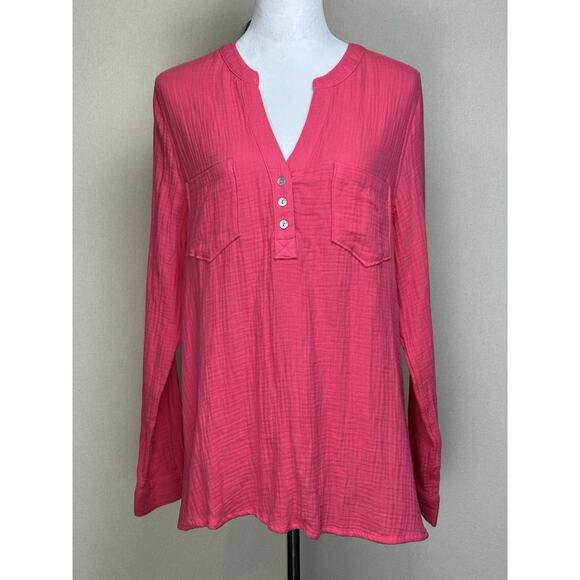 NWT Women’s Popover Gauze Top Tunic SZ XL Pink Long Sleeve Casual 1/4 Button Up - Picture 1 of 15